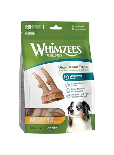 Whimzees Antler Natural Daily Dental Chews Treats for Medium Dogs 12-Pieces