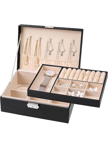 PHCOMRICH Jewelry Box Organizer for Men Women Large Leather Jewelry Storage Case Travel Jewel Holder with Two Layers Display for Necklace Earrings Bracelets Rings (Black)