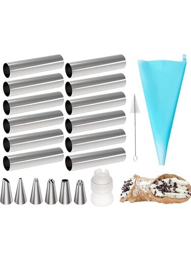 THE WHITE SHOP 21pcs Non-stick Cream Cannoli Tubes, Stainless Steel Cream Horn Molds Baking Cones Pastry Roll Horn Cannoli Shells with Clean Brush - Pastry Baking Set for Christmas Cake Anniversary Pa
