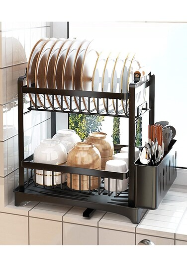 Dish Storage Rack Organizer with Drainer, Kitchen Plate Cup Dish Drying Rack Tray Holder Cutlery Cup Holder for Kitchen Counter Top