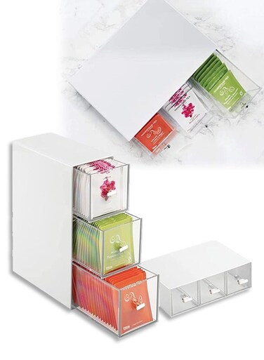 2 PCS Tea Box Tea Bag Organizer, 3 Compartments Tea Storage Box Holder, Tea Chest Container, Tea Storage Box for Cabinet, Countertop,Hold Tea Bags, Coffee Pods, Seasoning Packets,Sugar