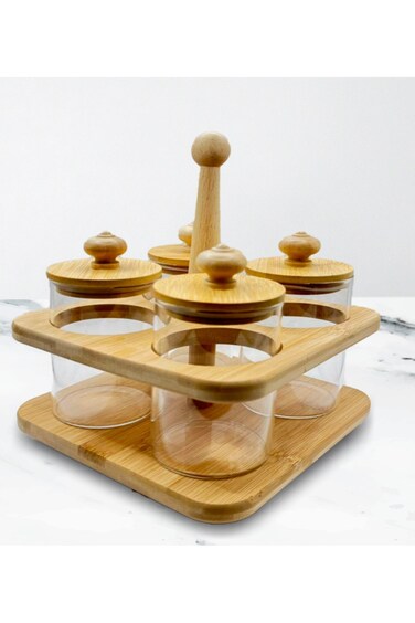 4 Glass Jars with Rotating Wooden Rack &acirc;&euro;&ldquo; Containers to store Spices, Pulses, Nuts, Dry fruits - Bamboo Stand with Airtight Wooden Lids for Kitchen Counter, Dining &amp; Pantry Storage