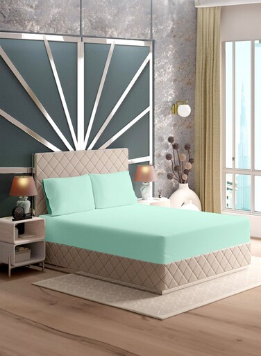 Linen King Plain Fitted Elastic Bedsheet with 2 Pillow Case 200 x 200 Cm Mint Green