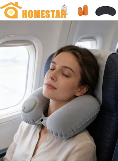 Neck Support Travel Pillow, Portable Self-Inflatable, Ultra Comfortable Mulberry Silk Fabric Neck Pillows for Travel, Pillows for Sleeping Airplane, Grey