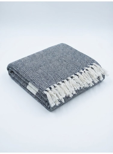 130 x 160 cm Soft Cotton Navy Blue Diamond Tessel Throw Blanket with Fringe Tassels Boho Striped Couch Cover Decorative Bed Runner 400GSM Travel Picnic Mat