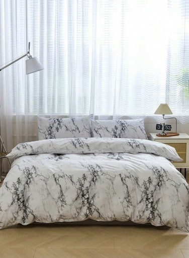Home Single-Size 4-Piece Duvet Cover without filling Bedding Set featuring a White and Grey Marble Design.