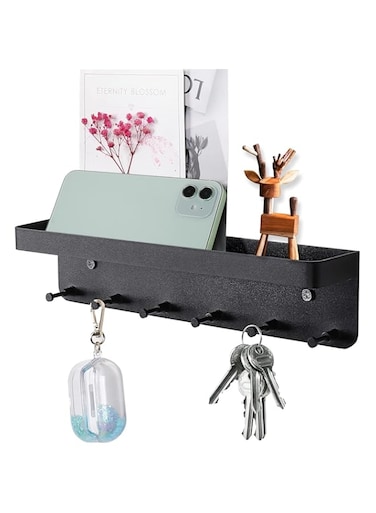 KASTWAVE Multifunctional Wall-Mounted Key Holder with 6 Hooks - Self-Adhesive Stainless Steel Key Rack &amp; Mail Organizer for Entryway and Hallway (Black)