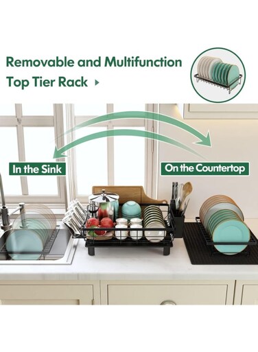 Care Dish Drainer Rack, 2 Tier Dish Drainer with Drip Tray and Drainer Mat, Stainless Steel Dish Rack with Utensil Holder, Swivel Spout, Draining Board for Kitchen Counter Black