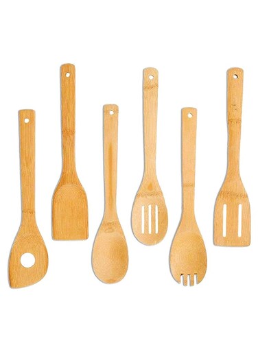 Pro Kitchen Utensils Set - 6 Piece 100% Natural Bamboo Spatula Set - Non Stick &amp; Heat Resistant Wooden Cooking Set For Mixing &amp; Stirring