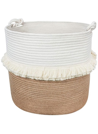 CherryNow Large Woven Storage Baskets &ndash; 16'' x 16'' Cotton and Jute Rope Decorative Hamper for Nursery, Toys, Blankets, and Laundry, Cute Tassel Nursery Decor - Home Storage Container