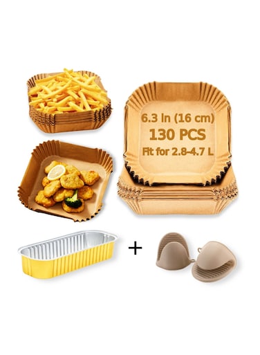 Utility 130PCS 6.3in 16cm Square Air Fryer Parchment Liners + Bonus: Silicone Tongs &amp; Disposable Tins! Non-Stick, Oil-Resistant &amp; Food-Grade Baking. Perfect for 2.8-4.7L Fryers.Bake,Roast &amp; Microwave.