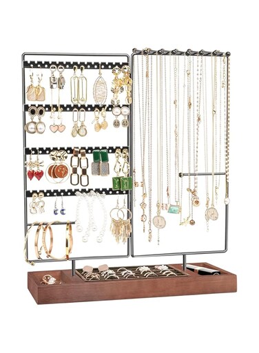 ProCase Jewelry Organizer Stand Earring Holder, 144 Holes Stud Earring Display Rack Necklace Holder Storage Tower with Removable Wooden Ring Tray for Earrings Necklaces Bracelets Rings Watches -Black