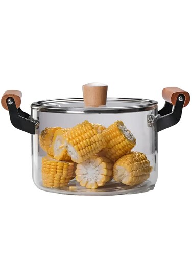 - Glass Saucepan with Lid and Double Wooden Handle, Heat-Resistant Glass Stovetop Clear Cooktop Safe for Pasta Noodle, Soup, Food Making or Heating