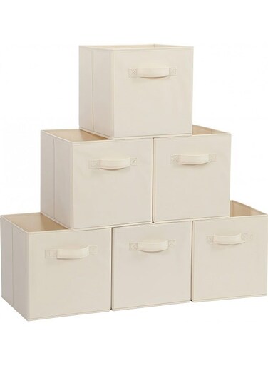 6Pcs Organizer Box Storage, Foldable Fabric Cloth Shelf Organizers Box With Handles, Bins Storage Organizer for Closet,Shelves,Office Beige