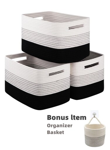 Storage Basket for Organizing, Woven Baskets for Storage, Hand-stitched，Rectangle Decorative Baskets for Shleves, Closet, Toys, Books, Towel Baskets for Bathroom - Pack of 3 (Gradient Black)