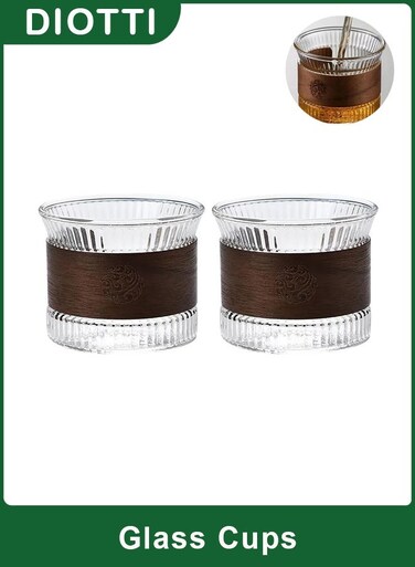 2-Piece 180ml Borosilicate Glass Coffee &amp; Tea Cup Set with Removable Wooden Ring, Handmade Clear Hammered Mugs for Hot &amp; Cold Drinks