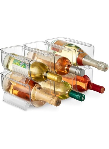 Seseno Set of 6 Wine and Water Bottle Organizer, Stackable Plastic Wine Rack Holder for Pantry, Kitchen, Fridge, Ideal Storage for Wine, Soda, Pop and Beer, Clear