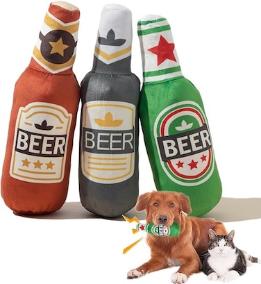 NeoStyle Pet Squeak Toys,Funny Plush Squeaky Toys for Dogs and Cats,Bottle Plush Dog &amp; Cat Squeak Toy,Cat Toys,Presents for Pets (Beer Bottle 3pcs)