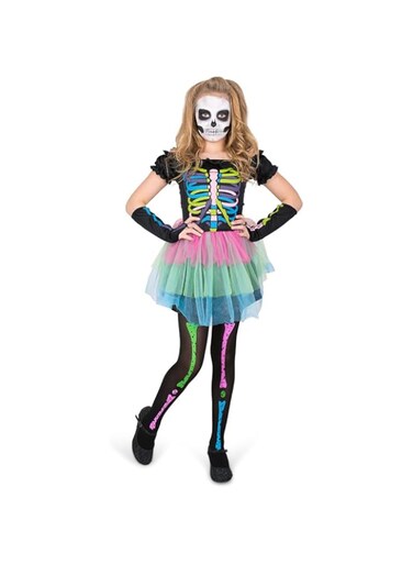 Mad Toys Neon Skeleton Tutu Dress Kids Halloween Cosplay Dress-Up Roleplay Spooky Theme Party Trick or Treat Costume, Small 3-4 Years