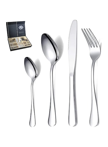 ALMEKAQUZ Silverware Set, 24-Piece Stainless Steel silver Flatware Set Service for 6, Iridescent Tableware Cutlery Set and High-grade Box (SILVER)
