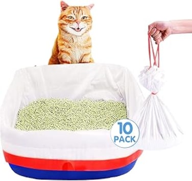 PawPawU&reg; Cat Litter Liner Bags, Heavy Duty Litter Box Tray Liners with Drawstring, Leak Proof and Easy to Clean, Pack of 10 Cat Waste Bags - Jumbo