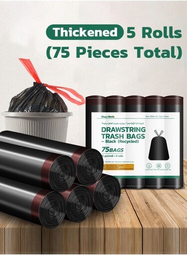75 PCS Thickened Black Drawstring Trash Bags 60x50cm, Leak-Proof Heavy Duty Garbage Bags, HDPE Recycled Kitchen Bin Liners, 5 Rolls x 15 Bags for Home, Office &amp; Bathroom