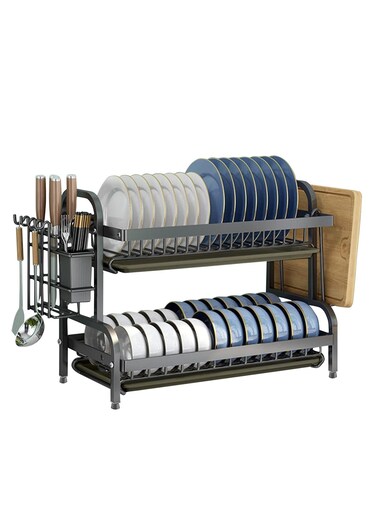 Dish Drying Rack, 2-Tier(Lengthen 22in) Dish Rack Drainboard Set, Large Rust-Proof Dish Drainer with Drip Tray Knife Holder, Cutting Board Holder for Kitchen Counter