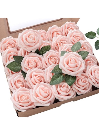 Floroom Artificial Flowers 25pcs Real Looking Blush Foam Fake Roses with Stems for DIY Wedding Bouquets Bridal Shower Centerpieces Party Decorations