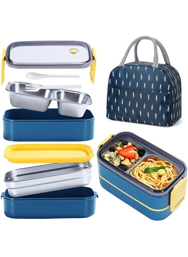 URbazaar Stainless Steel Lunch Box for Kids School,Insulated Bento Lunch Box with Tableware &amp; Bag,2 Compartment Divided Lunch Containers with Lids,Leakproof   BFA Free   Dishwasher Safe(A)