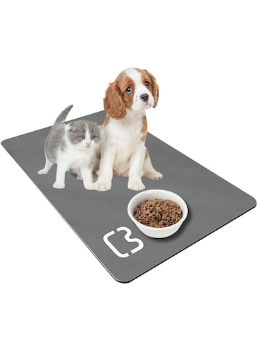 DAYONG Pet Food Mat, Pet PU leather Bowl Mat, Pet Feeding Mat, Waterproof Dog Cat Mat, Non-Stick Non Slip Anti Spill Easy Clean (Grey, 35x50cm)