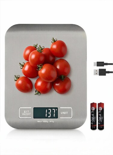 5kg Precision Digital Kitchen Scale Rechargeable with USB Type-C Charging &amp; LCD Display, Stainless Steel Food Scale in Silver for Cooking Baking with g/oz/lb/ml Units
