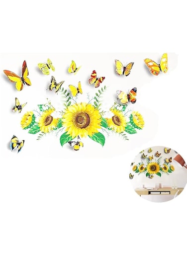 TERRIFI Sunflower Wall Stickers with 3D Butterfly, Kids Room Wall Decal, Waterproof Removable Stickers for Nursery Baby Bedroom Living Room Bathroom Kitchen Decoration 13PCS
