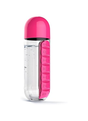 2 in 1 Plastic Candy Colours Pill Box Organizer with Water Bottle (20oz, 600ml, Pink)