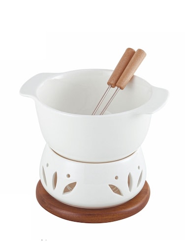 Acacia Wood Porcelain with Stainless Steel Single 4 Pieces Fondue Set, White &amp; Brown, 16cm