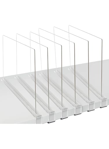 BPA&reg; Acrylic Shelf Dividers for Closet, Clear Wood Closets Shelf Separator and Organizer, for Kitchen Cabinets, Bookcases, for Home and Office, No Installation Tools Required (6 Pack)