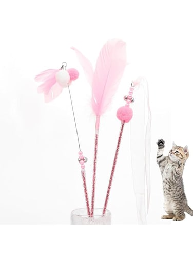 NeoStyle Cat Teaser, Interactive Cat Toys to Promote Bonding, Interactive Cat Toys with Feathers and Bells to Attract Cats' Attention, Interactive Cat Toys for Indoor Cats (pink feathers 3pcs)