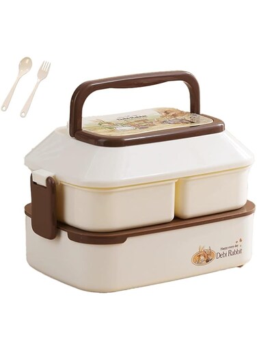 JOZUTTOW Bento Lunch Box 1.5L, 2 Layer 3 Compartments Bento-Style Kids Lunch Box, Leak Proof Snack Boxes with Cutlery for School Office Camping(Beige)