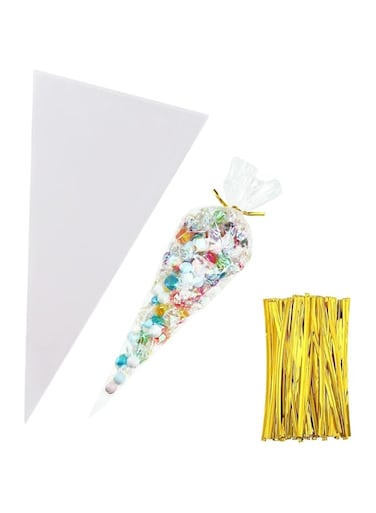 DAYONG 100ps Cone Cellophane Bags,18 * 37 Clear Cone Shaped Treat Bags with Twist Ties, Plastic Cone Triangle Bags for Candy Cookies Craft Gifts