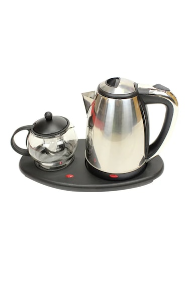 Electric Tea and Coffee Set, Glass Teapot with Infuser, Stainless Steel Kettle, Warming Tray, Black