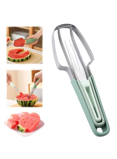 3Pcs Watermelon Cutter Set , 3-in-1 Stainless Steel Watermelon Slicer, Baller and Fork, Portable Melon Fruit Cutting Tool For Family Party Camping BBQ , Green, 22.3*7 cm