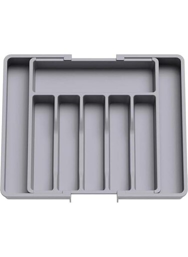 Silverware Drawer Organizer, Expandable Utensil Tray for Kitchen, BPA Free Flatware and Cutlery Holder, Adjustable Plastic Storage for Spoons Forks Knives, Large (Grey)