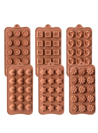 Silicone Chocolate Molds, 6 Pieces 15-Cavity Candy Mould Trays for Baking Cake Decorating, Brown Different Shaped Ice Cube Mold for DIY Jelly Candy Chocolate, 21x10.5x1.5 cm/8.26x4.13x0.59 inch