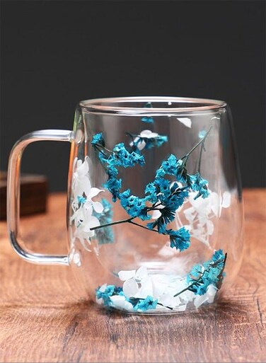 Double Walled Glass Mugs For Heat Resistant For Cold And Hot Beverage With Floral Design 370 ml