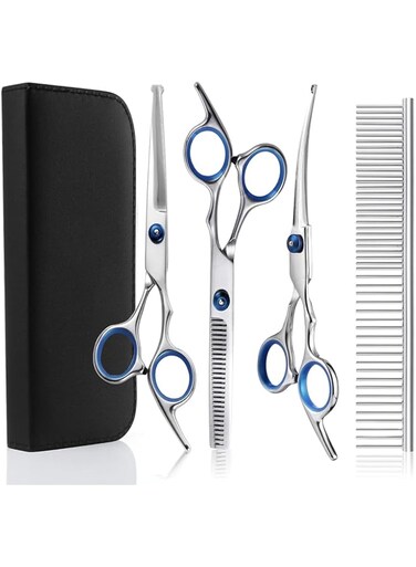 FDTY 5 in 1 Dog Grooming Scissors Kit, Stainless Steel Professional Dog Grooming Shears Set, Thinning, Straight, Curved Shears and Comb, Sharp and Durable Pet Grooming Shears for Dogs and Cats