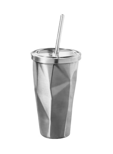 Diamond Design Stainless Steel Double Wall Tumbler With Straw And Lid Silver 10.2x10.2x18centimeter