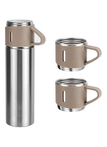 ELTERAZONE Vacuum Insulated Flask 500ml/17.6oz Stainless Steel Thermo Bottle with Cup for Coffee Water Hot and Cold Drink Flasks (Silver Brown)