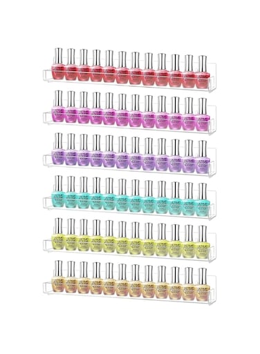 CECOLIC 6 Pack Acrylic Nail Polish Rack Wall Mounted Shelf Holds up to 90 Bottles, Clear Nail Polish Storage Organizer with Removable Anti-slip End Inserts for Wall Display - 15 inches