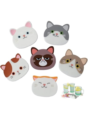 Excefore Cat Shaped Tea Coaster Cup Holder Mat Coffee Silicon Coaster Cup Pad Placemat Kitchen Accessorie, for Home Restaurant Office Decor, 6Pack