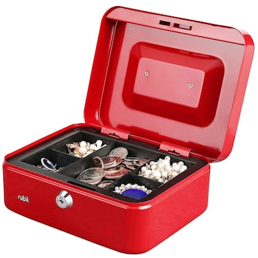 Rubik Medium Cash Box Steel Register with Tray and Lock Durable Portable Money Box Safe for Bills Jewelry Receipts Coins (20x16x9cm) Red