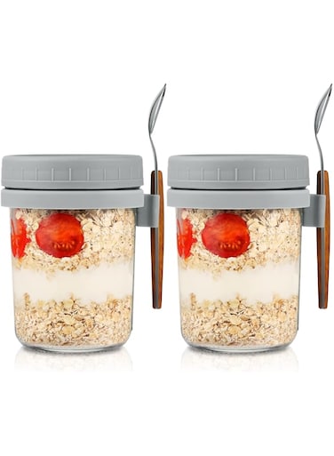 Overnight Oats Jars with Lid and Spoon Set of 2,10 oz Large Capacity Airtight Oatmeal Container with Measurement Marks, Mason Jars with Lid for Cereal On The Go Container (grey) SH-ZCB-HUI%2 (grey)
